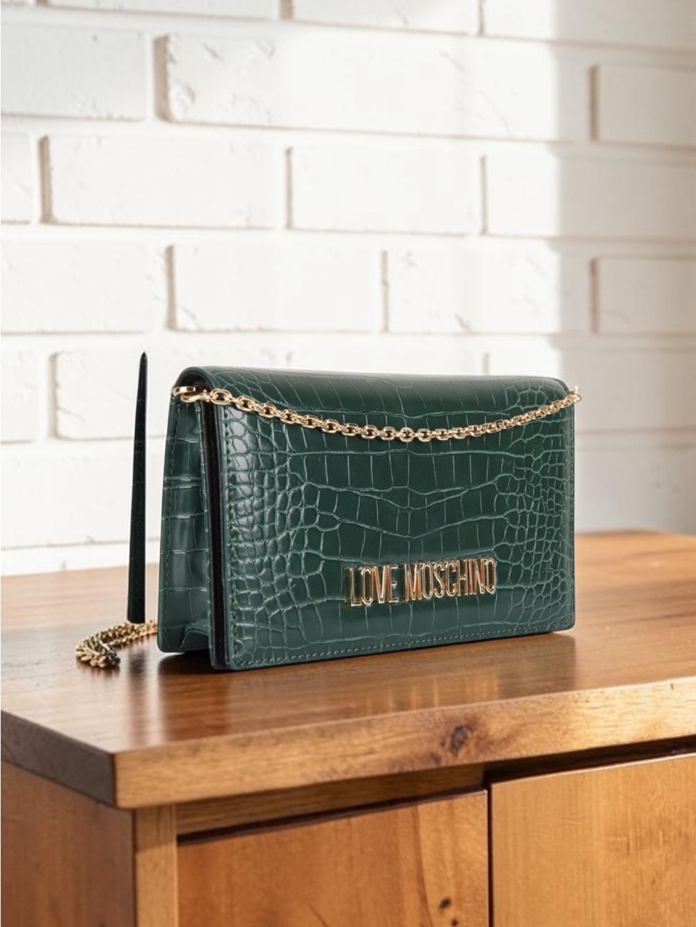 Love Moschino Croc-Embossed Zip Wallet Chain Crossbody in Bottiglia NWT